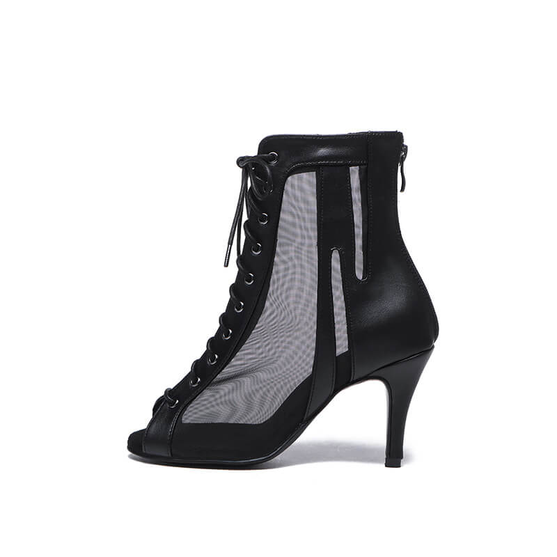 TinaCus Women's Patent Leather & Mesh Peep Toe Boots - Chunky Heel Ankle Boots With Zipper & Tassels, Handmade