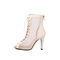 Apricot Leather Peep Toe Lace-up Front Mesh Stiletto Heels Boots