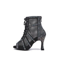 Bottes de danse noires à lacets et talons hauts en cristal