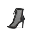 Black Leather Peep Toe Lace-up Front Mesh Stiletto Heels Boots