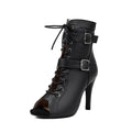 Black Matte Double Buckle Open Toe Dance Boots