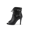 Black Matte Double Buckle Open Toe Dance Boots