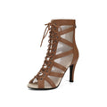 Brown Lace-Up Mesh Dance Boots