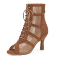 Brown Suede Mesh Lace Up Heels Boots