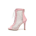 Bottes de danse à talons aiguilles en dentelle rose ajourée