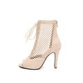 Suede Paneled Mesh High Heel Ankle Boots