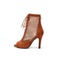 Suede Paneled Mesh High Heel Ankle Boots