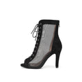 Black Suede Peep Toe Lace-up Mesh Stiletto Heels Boots