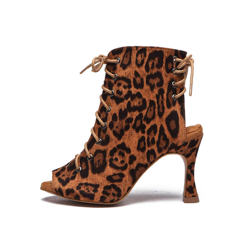 Brown Leopard Print Booties Lace Up Peep Toe Heeled Ankle Boots